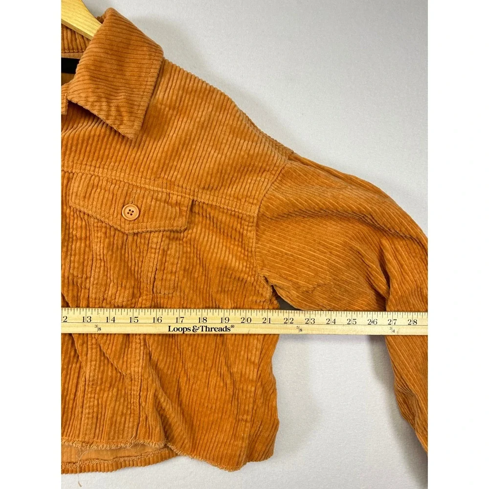 Forever 21 Corduroy Jacket Womens Medium Orange Cropped Raw Hem Button Up Boho - Picture 7 of 9